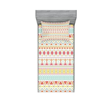 Ambesonne Tribal Fitted Sheet & Pillow Sham Set, Native Style Aztec Art, Twinxl, Yellow Pink Aqua