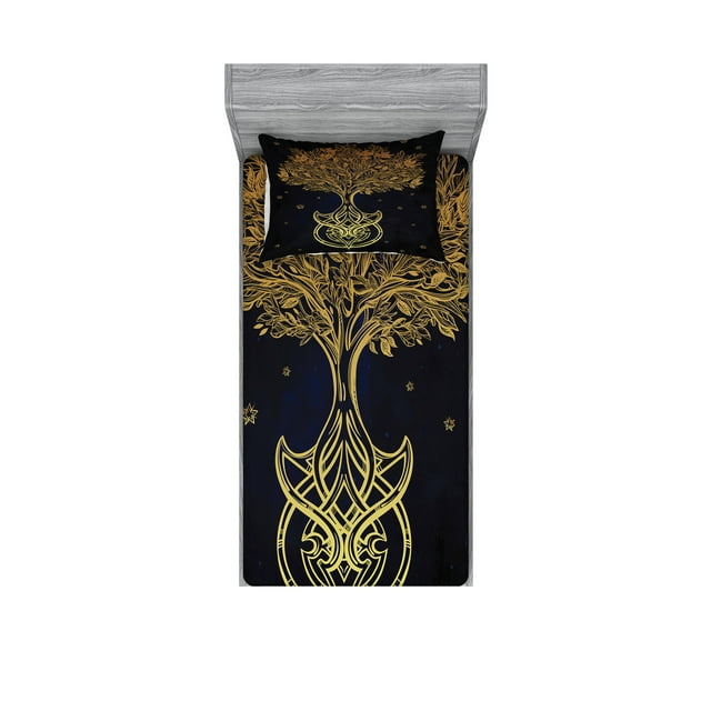 Ambesonne Tribal Fitted Sheet & Pillow Sham Set, Night Stars Abstract, Twinxl, Dark Blue Yellow