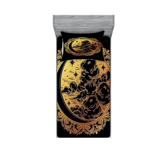 Ambesonne Tribal Fitted Sheet & Pillow Sham Set, Occult Art, Twinxl, Yellow and Black