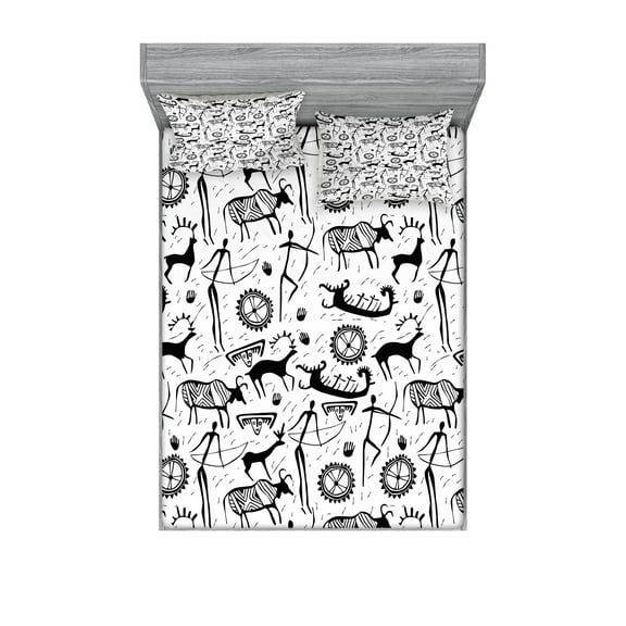 Ambesonne Tribal Fitted Sheet & Pillow Sham Set, Pattern Animal, Queen, Black and White