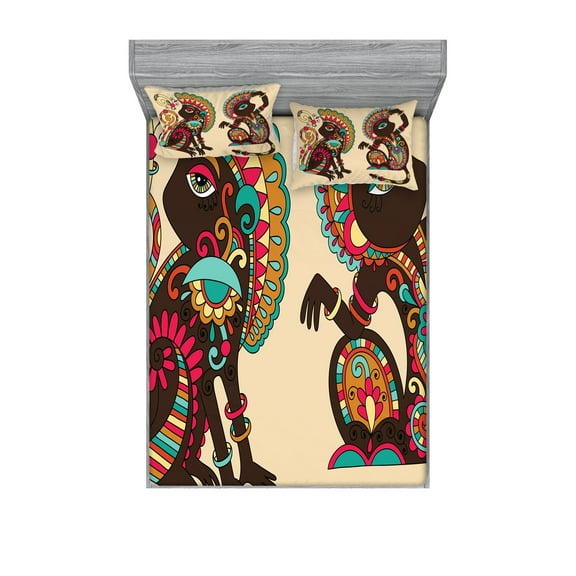 Ambesonne Tribal Fitted Sheet & Pillow Sham Set, Patterns Monkey, Full, Multicolor