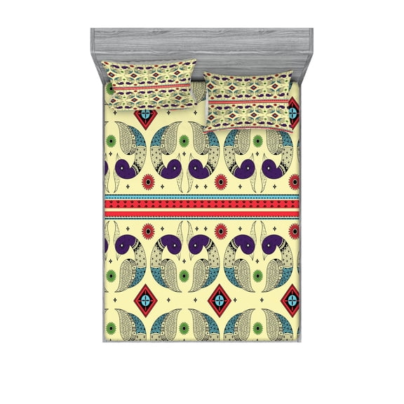 Ambesonne Tribal Fitted Sheet & Pillow Sham Set, Peacock Pattern, Queen, Cream and Purple