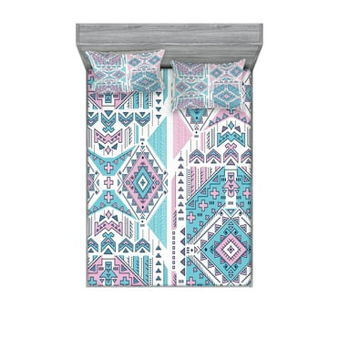 Ambesonne Tribal Fitted Sheet & Pillow Sham Set, Pink Teal Aztec, Full, Pale Pink and Teal