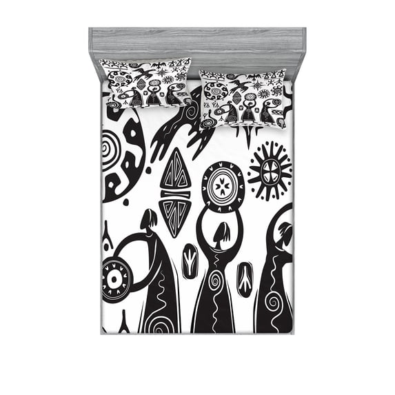 Ambesonne Tribal Fitted Sheet & Pillow Sham Set, Prehistoric Cave, Queen, Black White