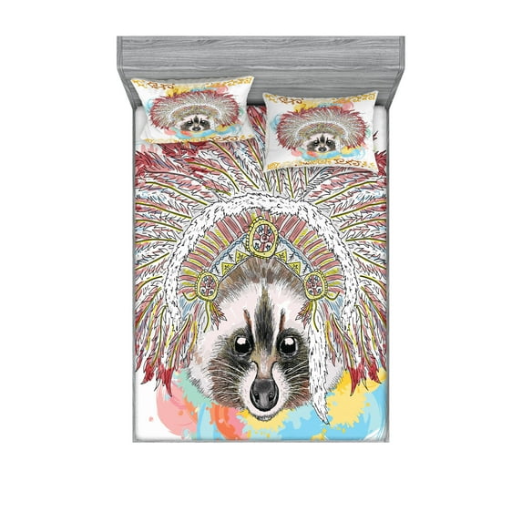 Ambesonne Tribal Fitted Sheet & Pillow Sham Set, Prehistoric Feathers Ethnic, Full, Multicolor