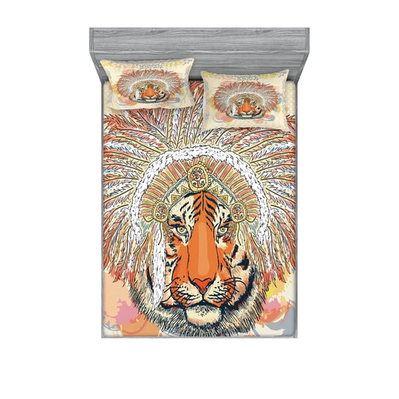 Ambesonne Tribal Fitted Sheet & Pillow Sham Set, Savannah Bohemian Wild Tiger, Queen, Orange and Peach
