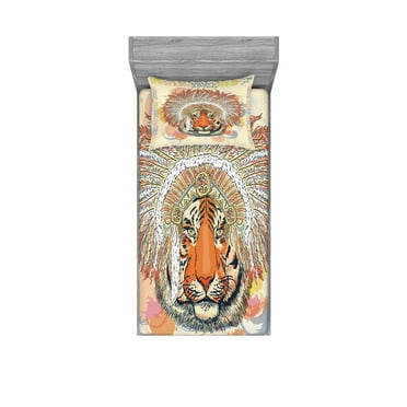 Ambesonne Tribal Fitted Sheet & Pillow Sham Set, Savannah Bohemian Wild Tiger, Twin, Orange and Peach