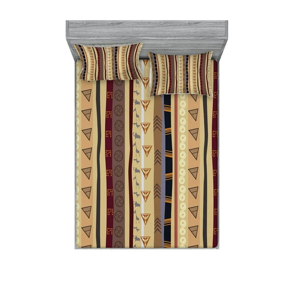Ambesonne Tribal Fitted Sheet & Pillow Sham Set, Striped Ornament, Full, Multicolor