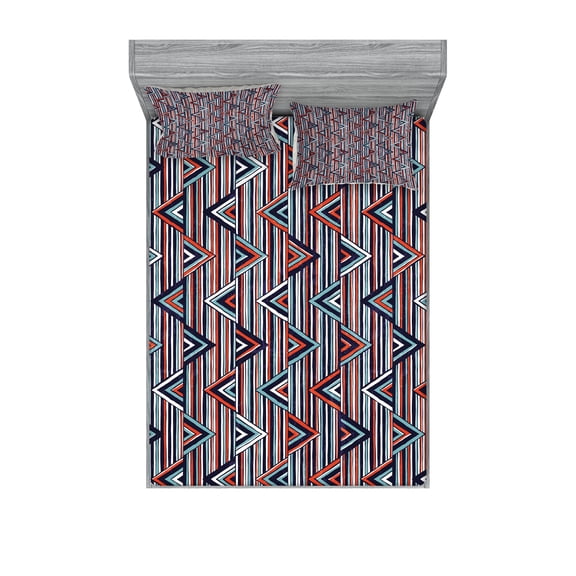 Ambesonne Tribal Fitted Sheet & Pillow Sham Set, Striped, Queen, Cinnamon Black Teal