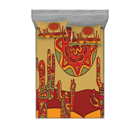 Ambesonne Tribal Fitted Sheet & Pillow Sham Set, Tribal Design Cactus, Queen, Multicolor