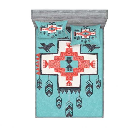 Ambesonne Tribal Fitted Sheet & Pillow Sham Set, Vintage Native, Full, Multicolor