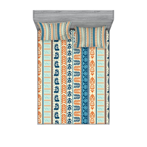 Ambesonne Tribal Fitted Sheet & Pillow Sham Set, Vintage Pattern, Queen, Merigold Blue