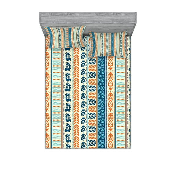 Ambesonne Tribal Fitted Sheet & Pillow Sham Set, Vintage Pattern, Queen, Merigold Blue
