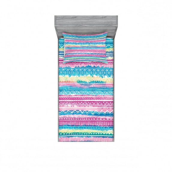 Ambesonne Tribal Fitted Sheet & Pillow Sham Set, Watercolor Aztec Stripes, Twin, Blue Pink Cream
