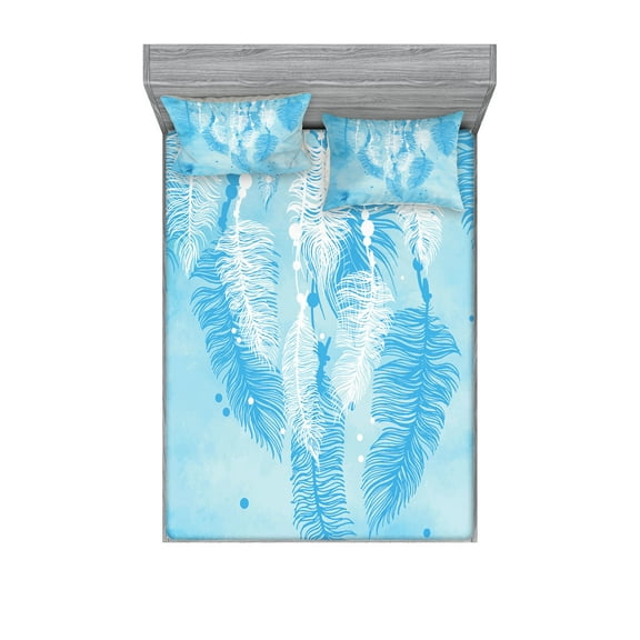 Ambesonne Tribal Fitted Sheet & Pillow Sham Set, Watercolor Boho Feather Form, Queen, Blue White