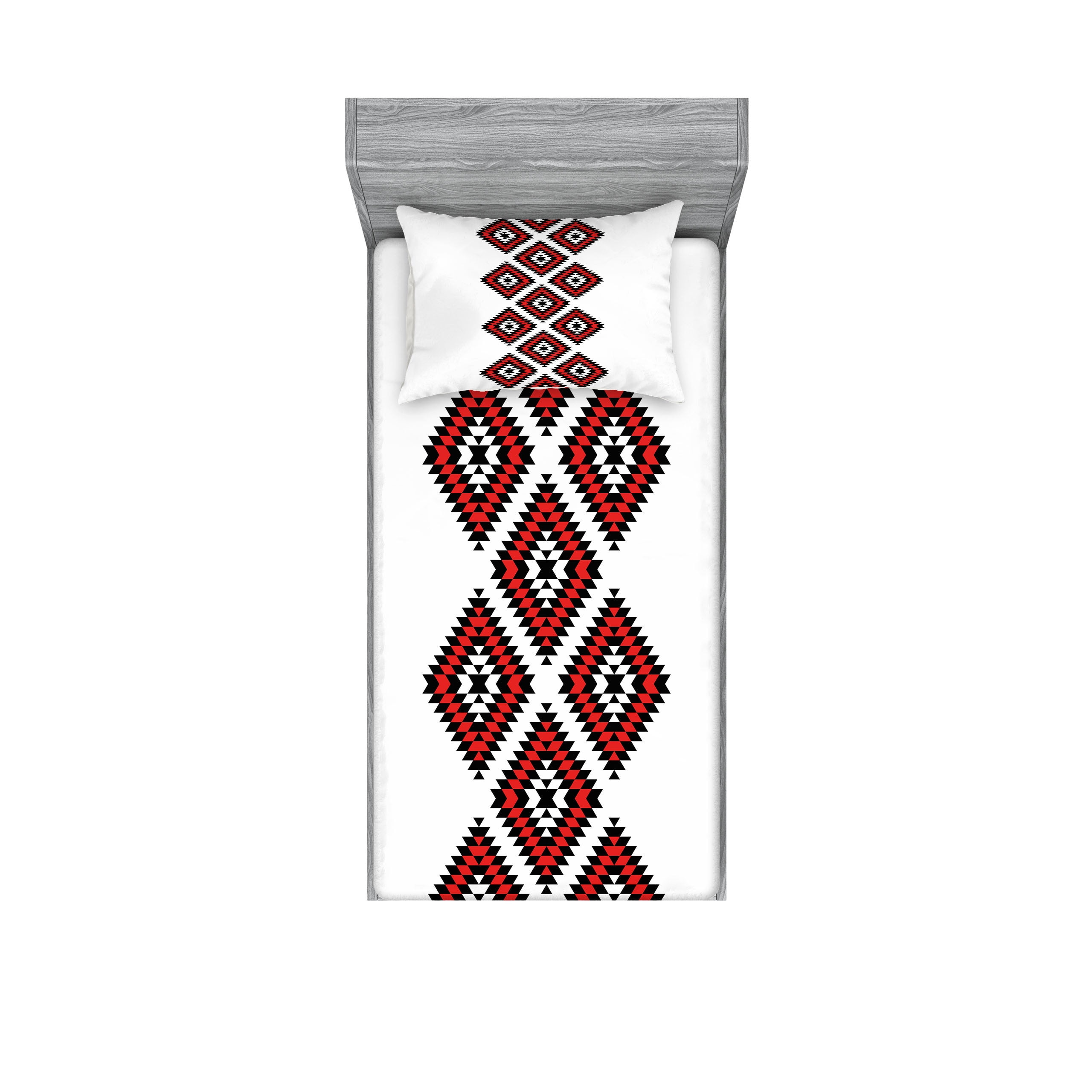 White and Vermilion Geometric Microfiber Twin Sheet Set