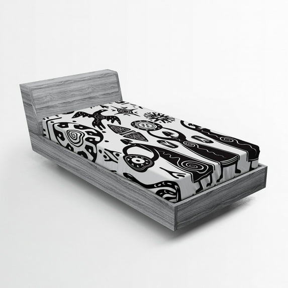 Ambesonne Tribal Fitted Sheet, Prehistoric Cave, Twin Size, Black White