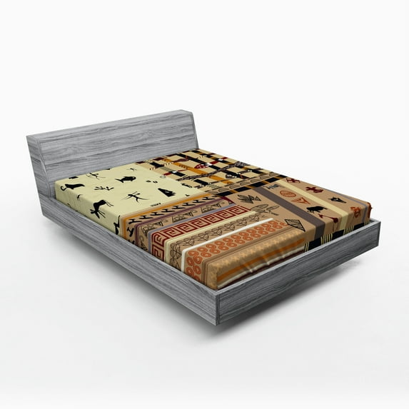Ambesonne Tribal Fitted Sheet, Prehistoric Native Animals, Queen Size, Black Beige