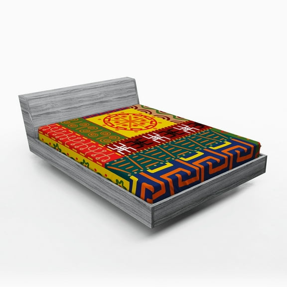 Ambesonne Tribal Fitted Sheet, Prehistoric Tribal, Full Size, Yellow Green