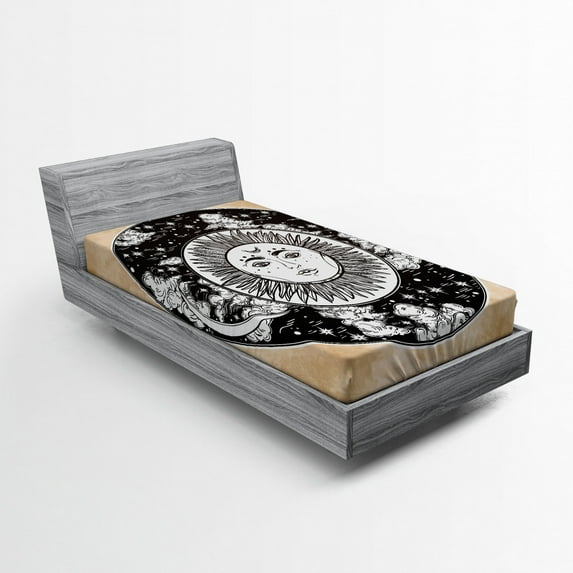 Ambesonne Tribal Fitted Sheet, Sun Face Moon, Twin Size, Black White Cream