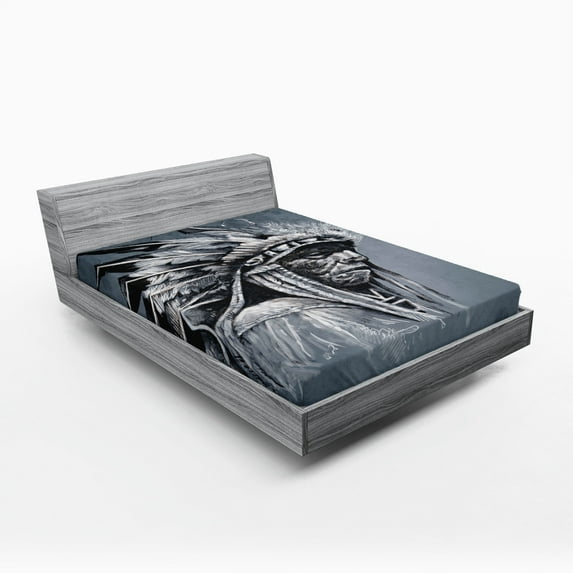 Ambesonne Tribal Fitted Sheet, Tribe Chief Art, Queen Size, Grey Black White
