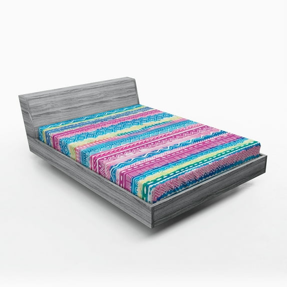 Ambesonne Tribal Fitted Sheet, Watercolor Aztec Stripes, Queen Size, Blue Pink Cream