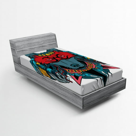 Ambesonne Tribal Fitted Sheet, Wolf Animal Theme, Twin Size, Teal White and Red