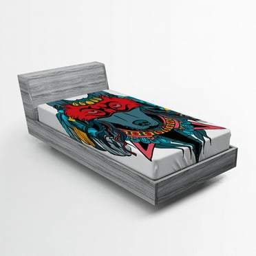 Ambesonne Tribal Fitted Sheet, Wolf Animal Theme, Twin XL Size, Teal White and Red