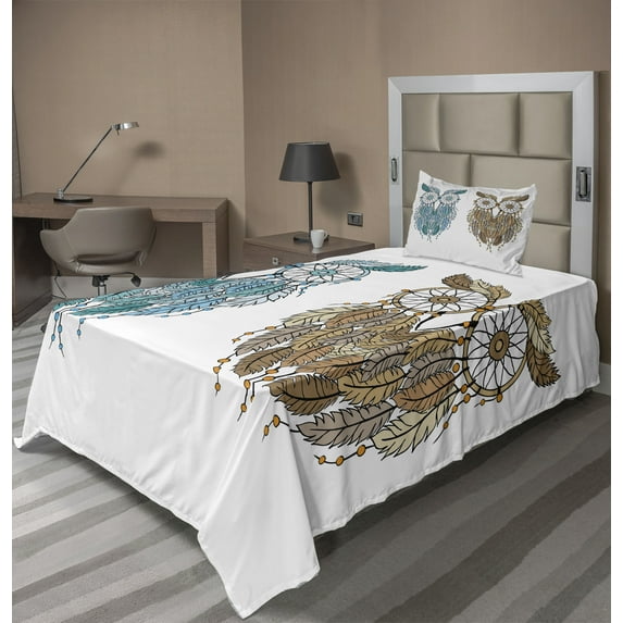 Ambesonne Tribal Fitted & Top Sheet Set with Sham, Farsighted Birds, Cream White Teal