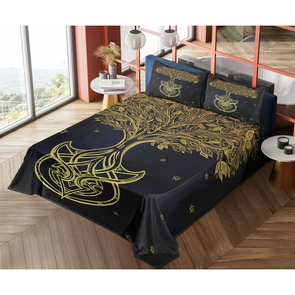 Ambesonne Tribal Fitted & Top Sheet Set with Shams, Night Stars Abstract, Dark Blue Yellow