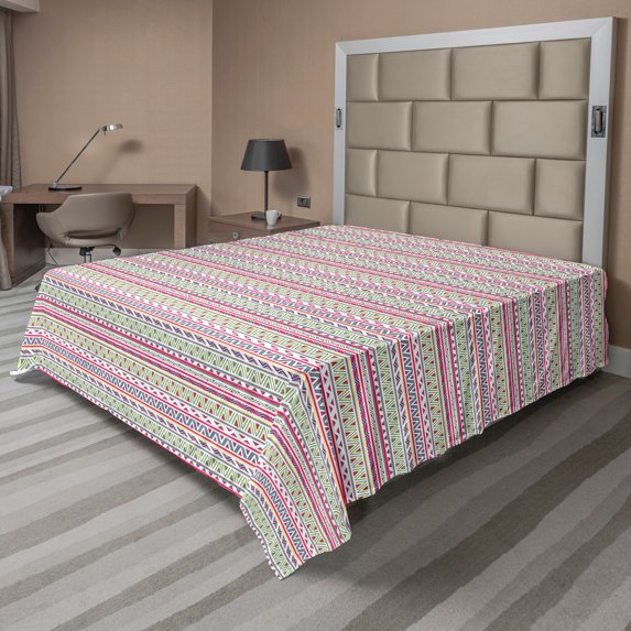 Ambesonne Tribal Flat Sheet, Abstract Stripes, Full Size, Dark Coral Pale Blue