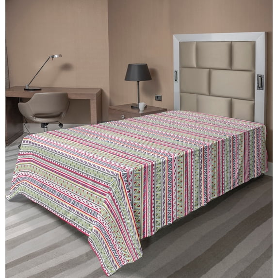 Ambesonne Tribal Flat Sheet, Abstract Stripes, Twin Size, Dark Coral Pale Blue