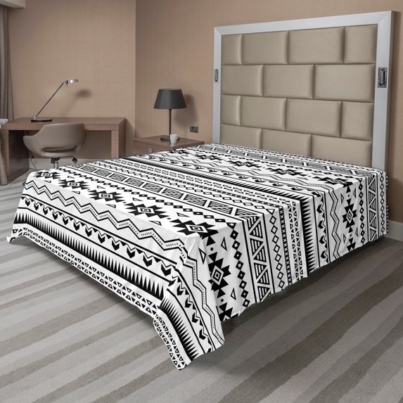 Ambesonne Tribal Flat Sheet, American Folkloric, Full Size, Black White
