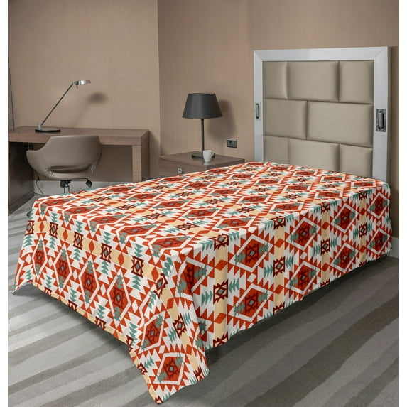 Ambesonne Tribal Flat Sheet, Aztec Folk Native Motif, TwinXL Size, Teal Cream Red