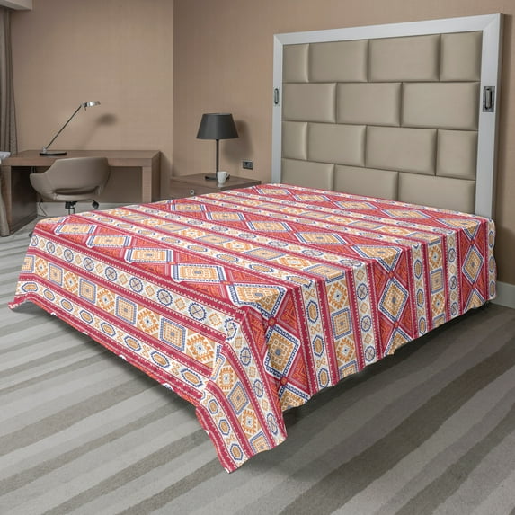 Ambesonne Tribal Flat Sheet, Aztec Motifs Elements, Full Size, Pale Ruby Apricot