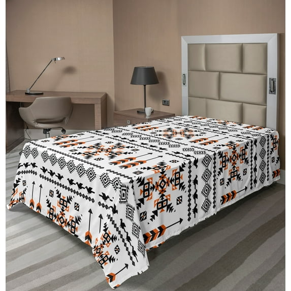 Ambesonne Tribal Flat Sheet, Birds Arrows, Twin Size, Orange Black White
