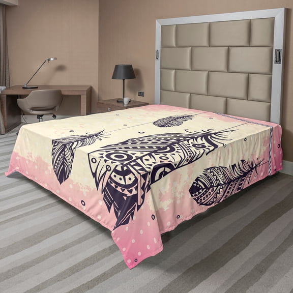Ambesonne Tribal Flat Sheet, Boho Feathers Pastel, Queen Size, Pale Pink Cream