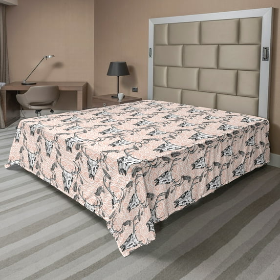 Ambesonne Tribal Flat Sheet, Deer Skull Feathers Motifs, Queen Size, Blush Dark Grey
