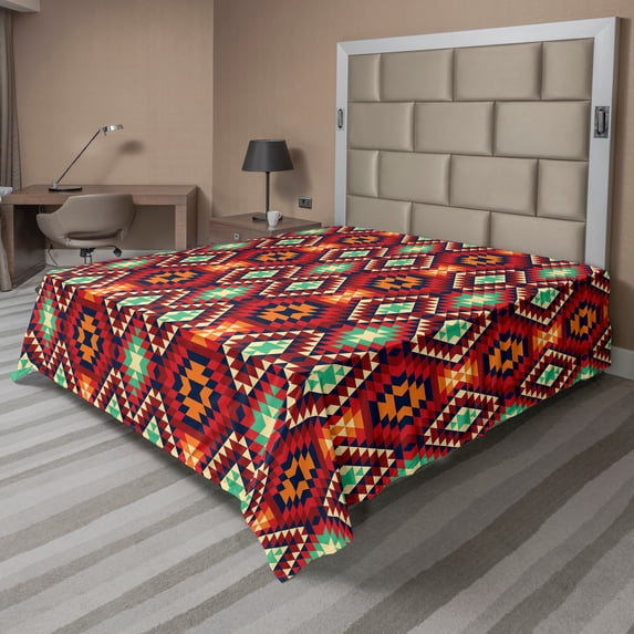 Ambesonne Tribal Flat Sheet, Diamond Form Tiles, Full Size, Multicolor