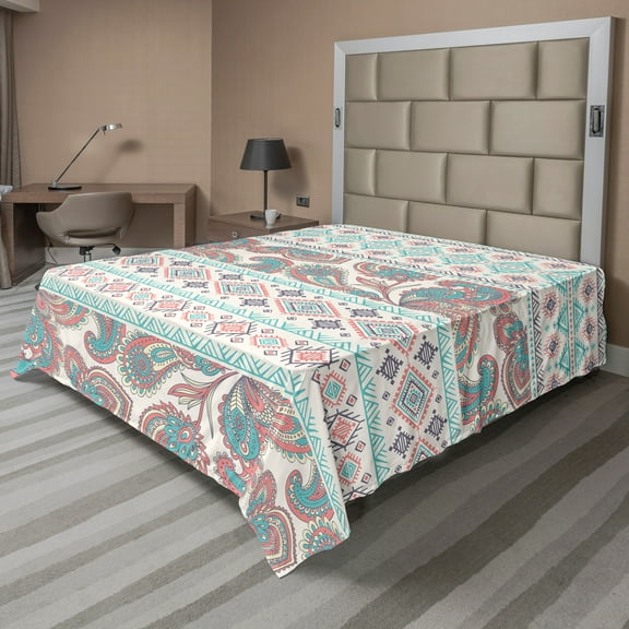Ambesonne Tribal Flat Sheet, Floral Paisley and Aztec, King Size, Cream Aqua and Coral