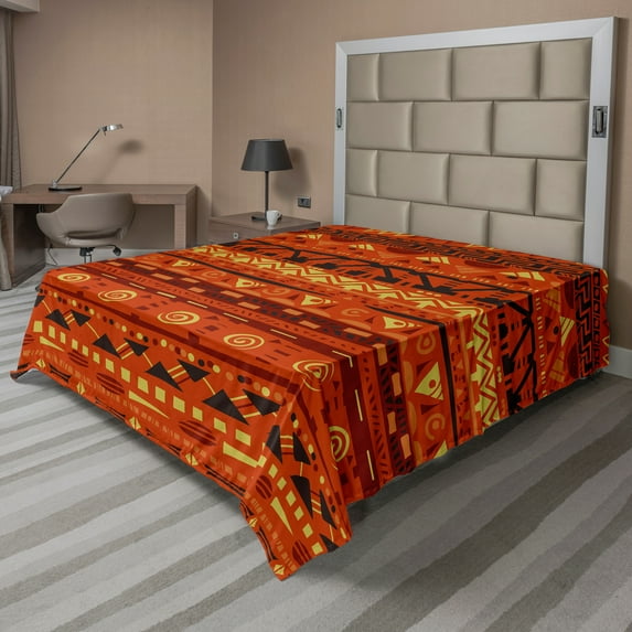 Ambesonne Tribal Flat Sheet, Geometric Art, Full Size, Orange Yellow