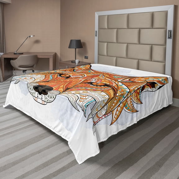 Ambesonne Tribal Flat Sheet, Geometric Fox Portrait, Queen Size, Orange Amber