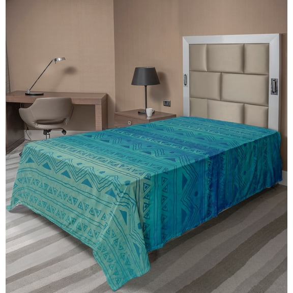 Ambesonne Tribal Flat Sheet, Horizontal Folk Triangles, TwinXL Size, Sea Blue and Cadet Blue