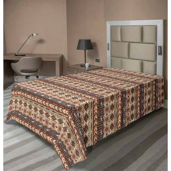 Ambesonne Tribal Flat Sheet, Indigenous Art Borders, TwinXL Size, Orange Brown Beige