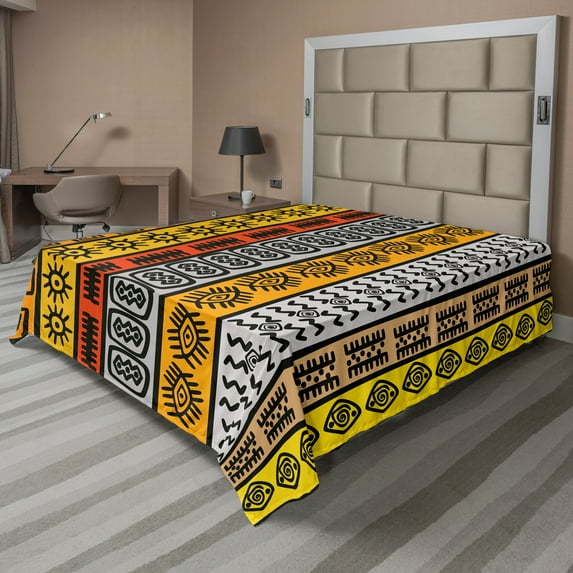Ambesonne Tribal Flat Sheet, Motifs, Queen Size, Black Orange and Yellow