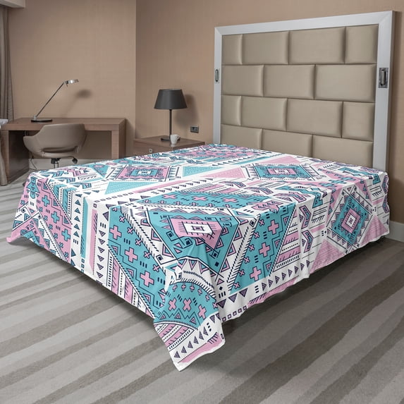 Ambesonne Tribal Flat Sheet, Pink Teal Aztec, King Size, Pale Pink and Teal
