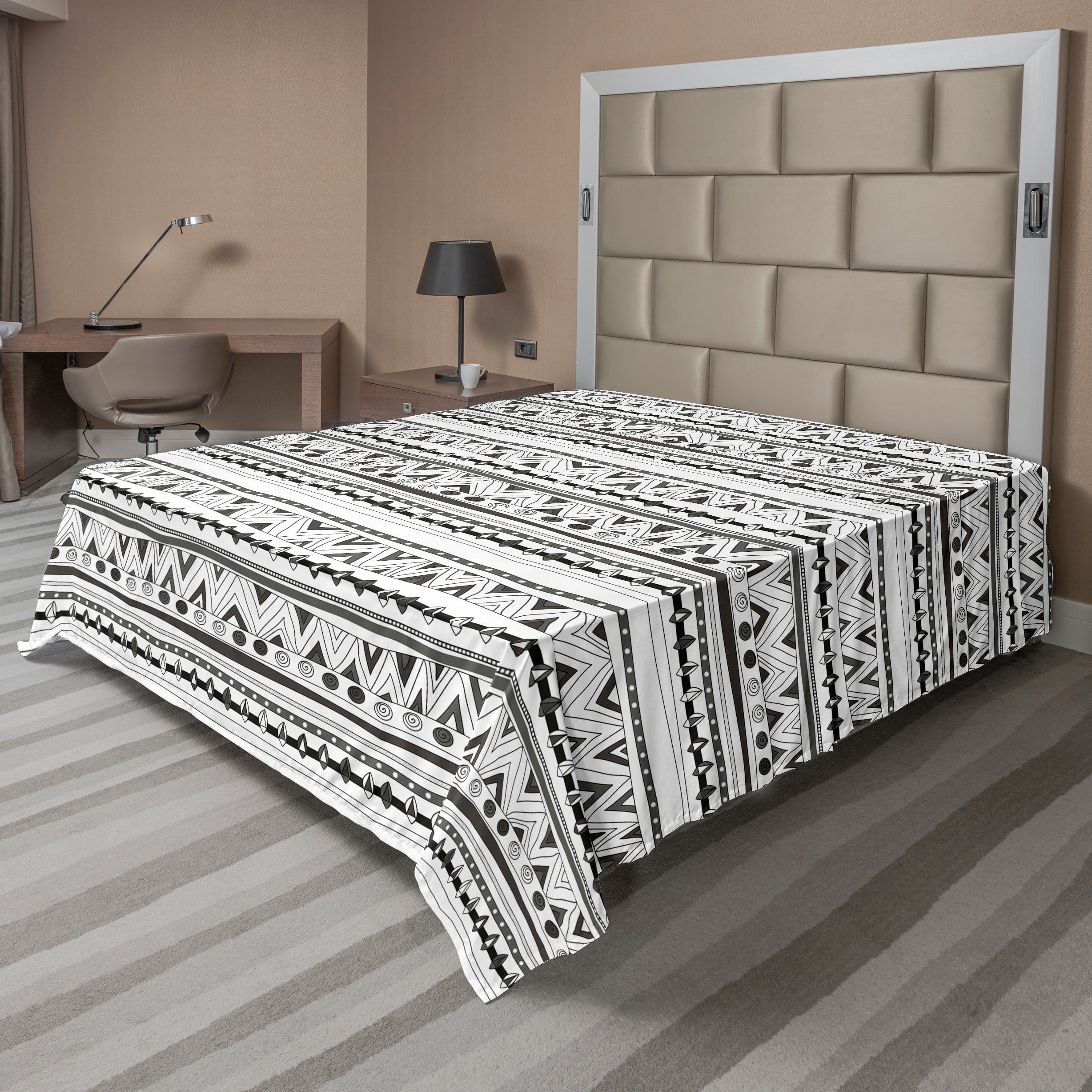 King White and Black Microfiber Flat Sheet with Geometric Print