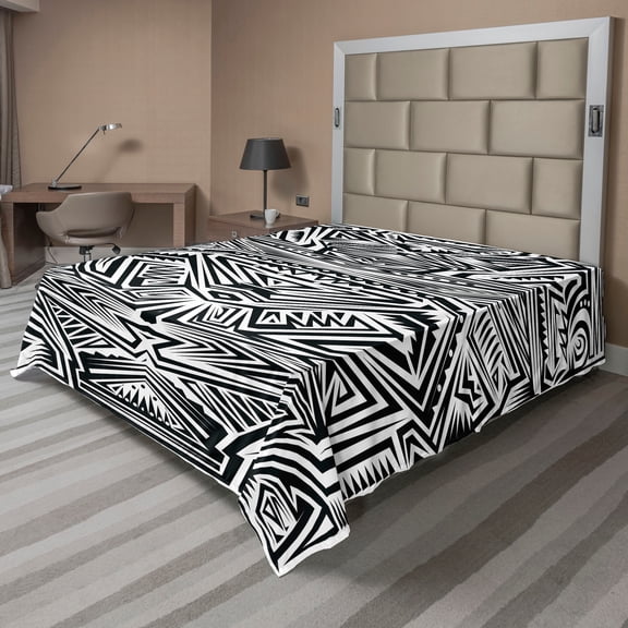 Ambesonne Tribal Flat Sheet, Tattoo Inspired Maori Form, California King, Black and White