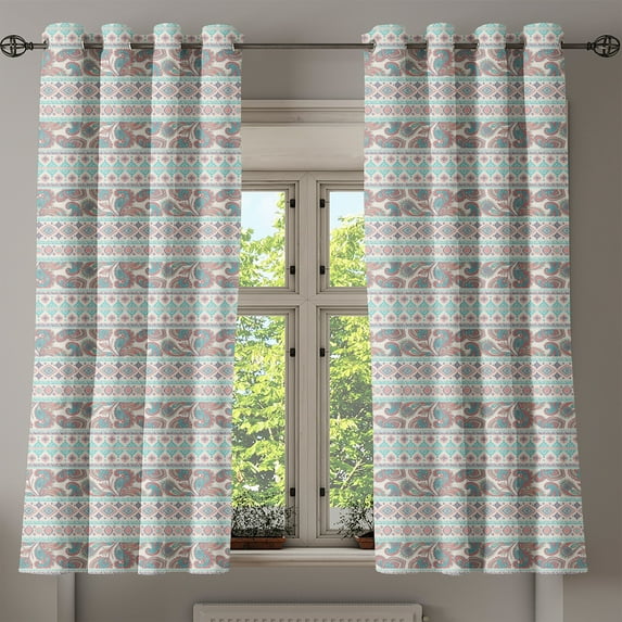 Ambesonne Tribal Grommet Curtain, Floral Paisley and Aztec, 50" x 63", Cream Aqua and Coral