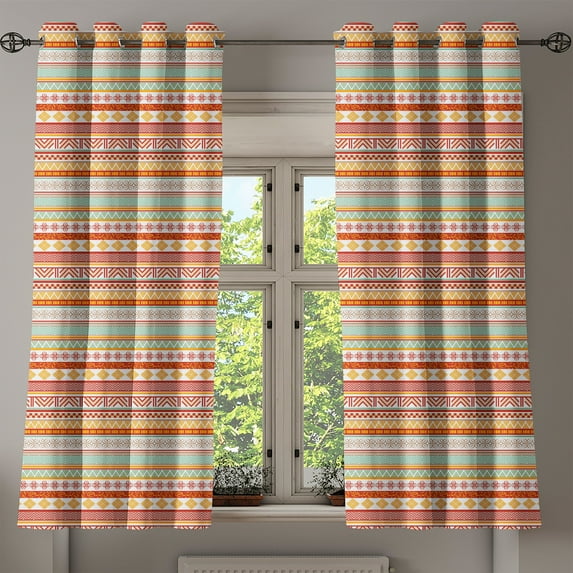 Ambesonne Tribal Grommet Curtain, Striped with Art, 50" x 63", Marigold Red and Tan